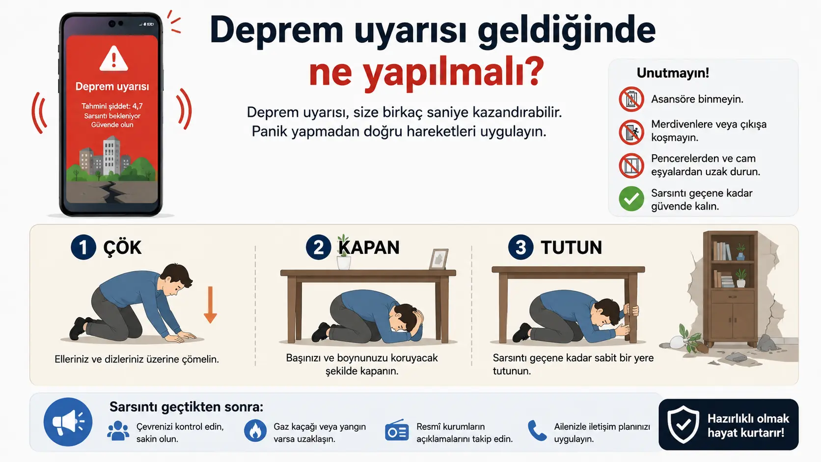 Deprem uyarısı geldiğinde çök kapan tutun hareketi