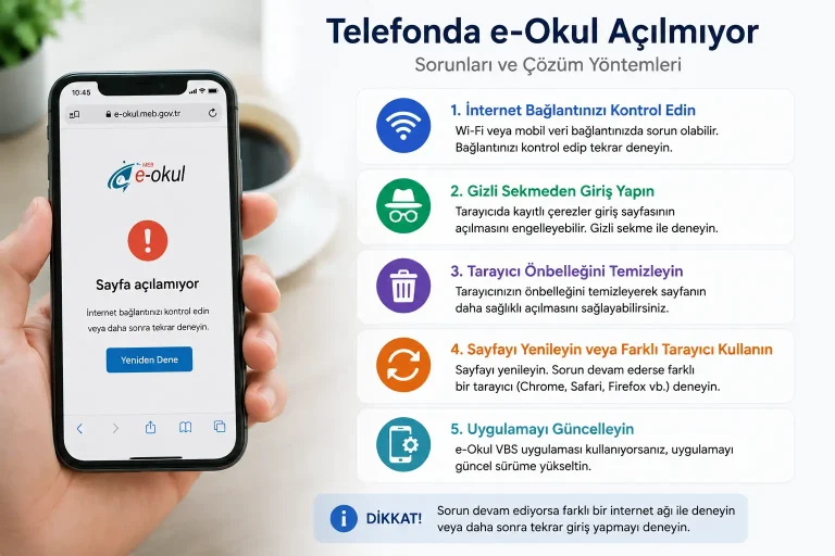e-Okul açılmıyor veya VBS giriş hatası veriyorsa öğrenci bilgileri, güvenlik kodu, tarayıcı ve bağlantı sorunlarının çözümlerini inceleyin.