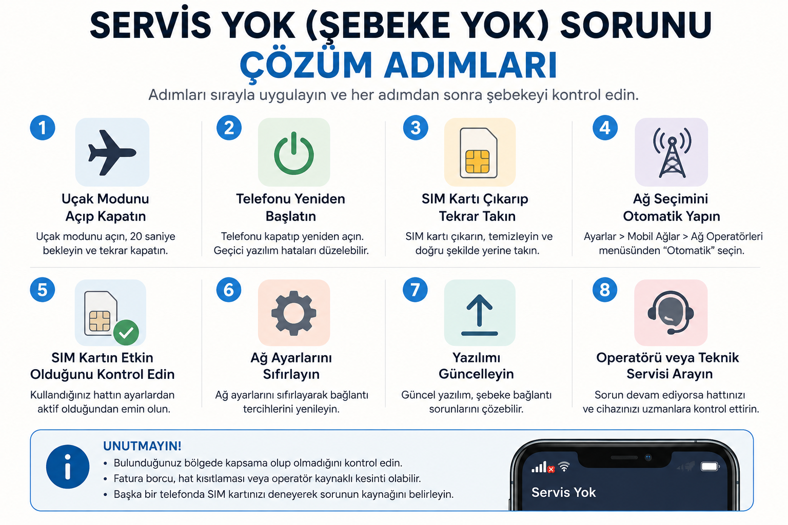 Android ve iPhone servis yok sorunu çözüm adımları
