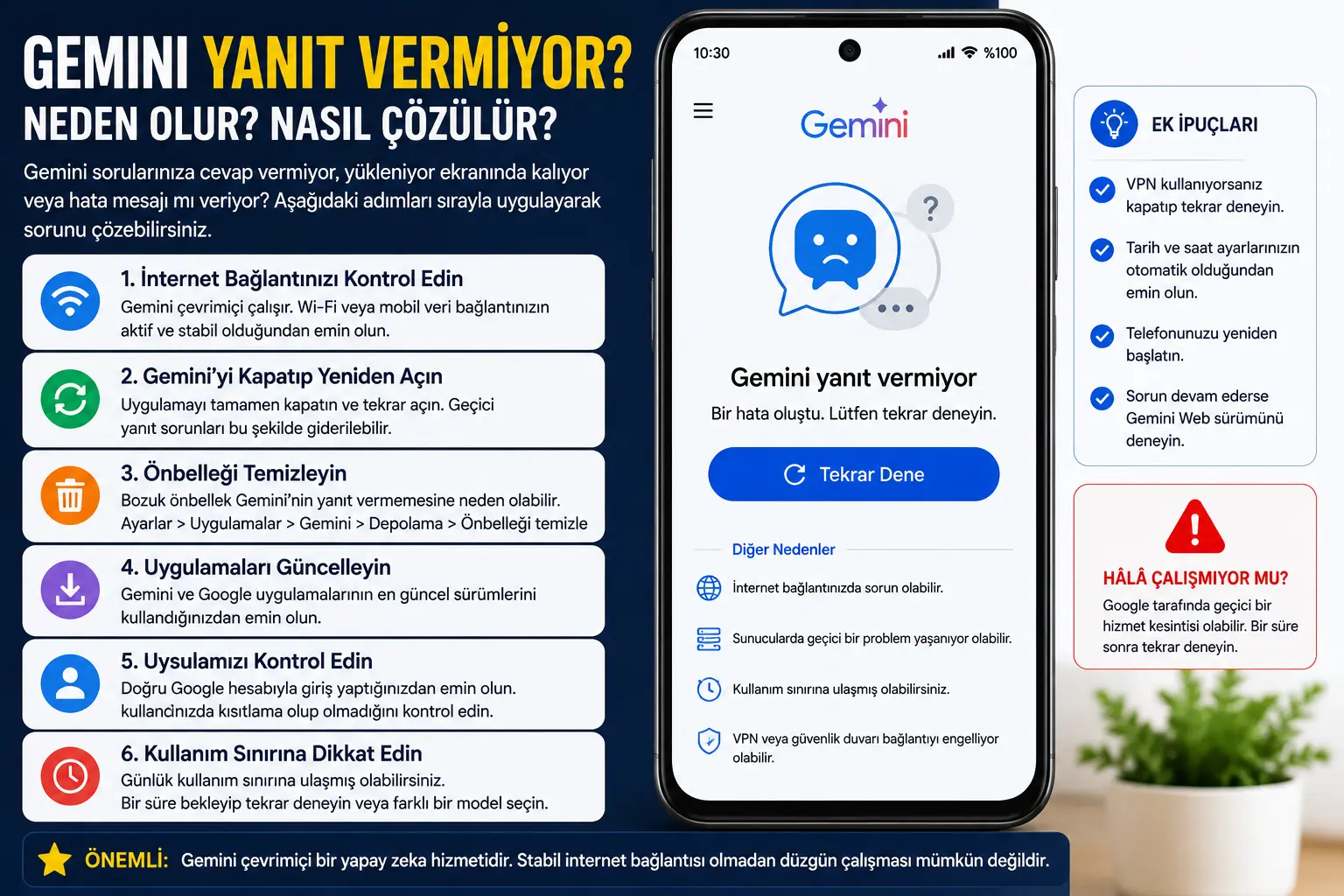 Gemini yanıt vermiyor ve bağlantı hatası çözümü