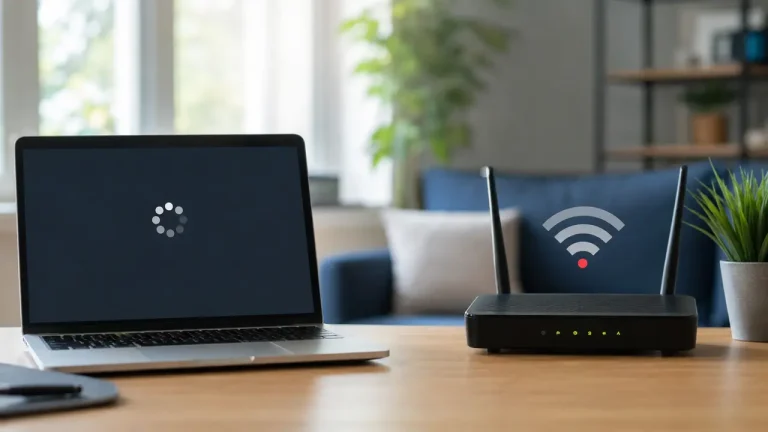 Yavaş internet bağlantısını gösteren modem ve dizüstü bilgisayar