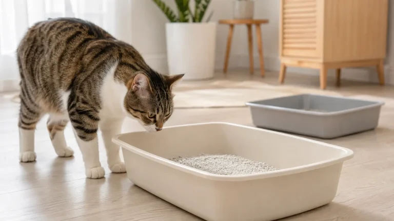Kum kabını kullanmak istemeyen kedi ve temiz kum kapları