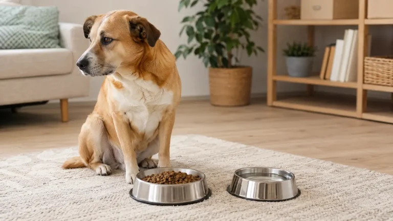 Dolu mama kabının yanında yemek istemeyen köpek