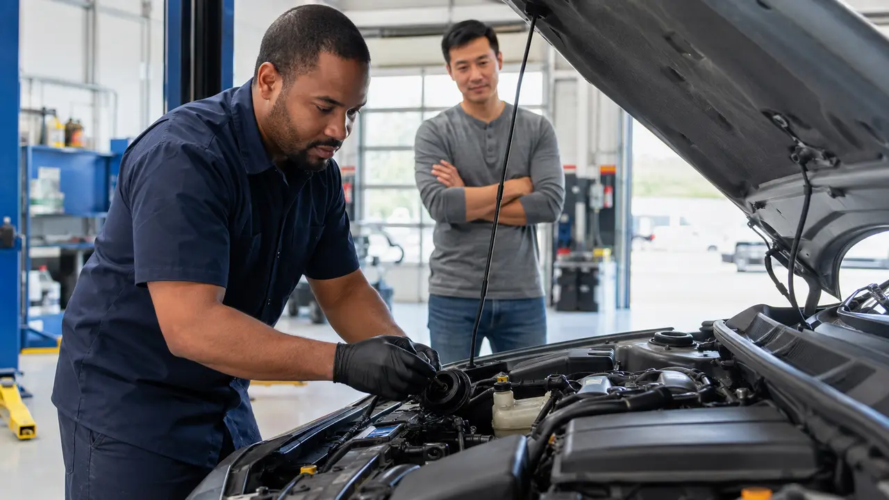 Motor arıza lambası için motor bölmesini inceleyen usta