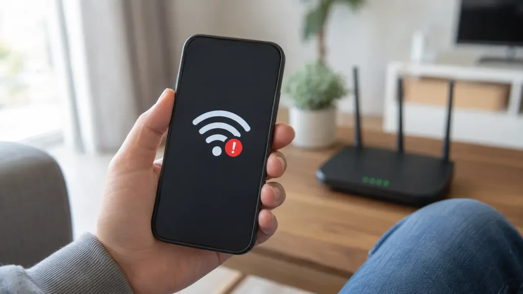 Wi-Fi bağlantı uyarısı gösteren telefon ve modem