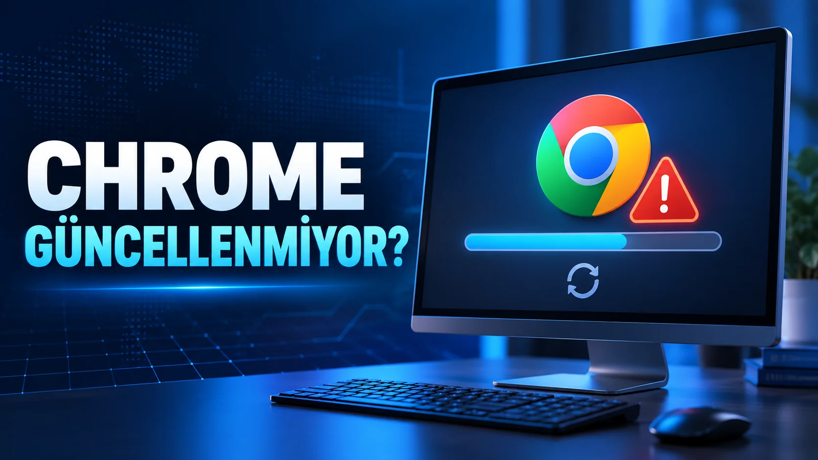 Chrome güncellenmiyor uyarısı ve bilgisayarda takılı kalan güncelleme ilerleme çubuğu